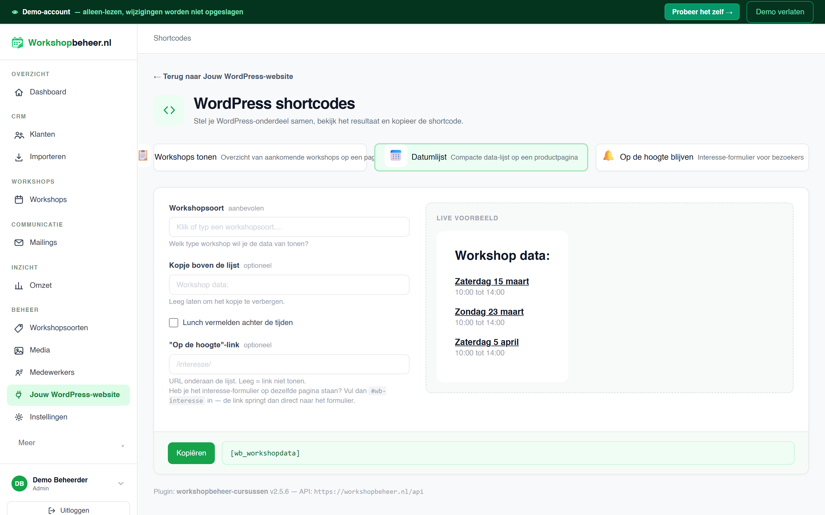 Live voorbeeld van actuele workshopbeschikbaarheid op WordPress