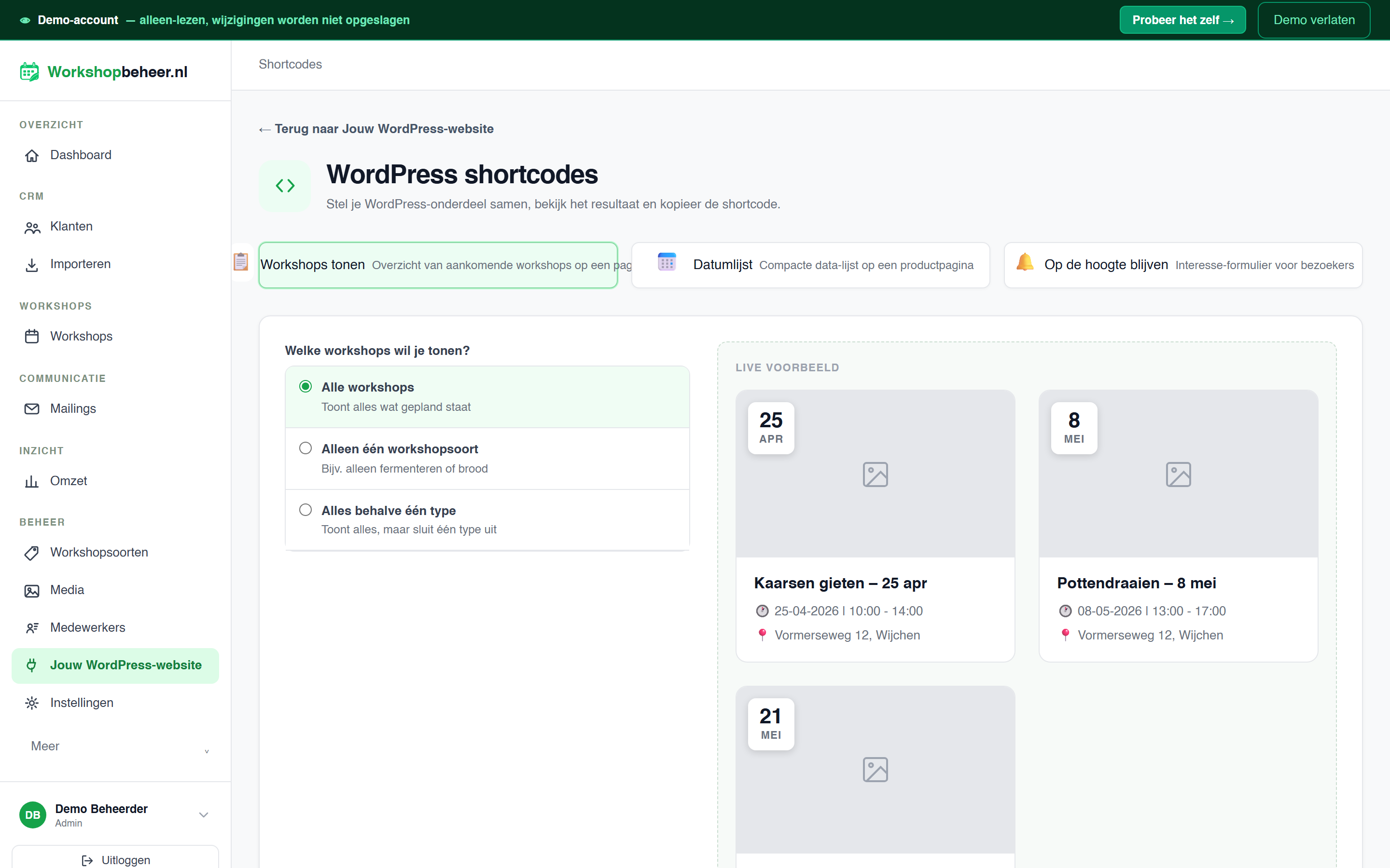 De WordPress-shortcodes en live voorbeeldweergave van Workshopbeheer