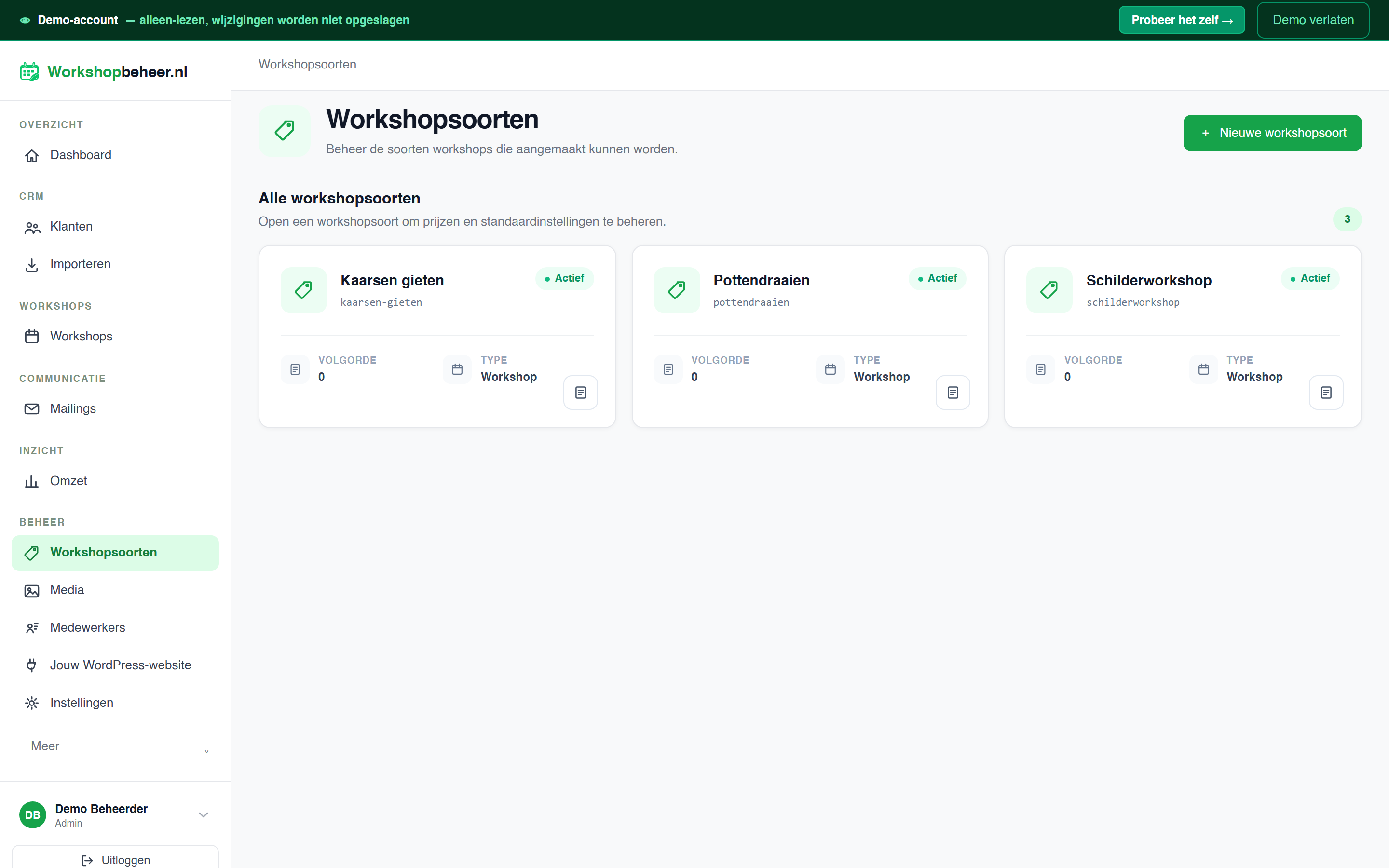 Overzicht met workshopsoorten in Workshopbeheer